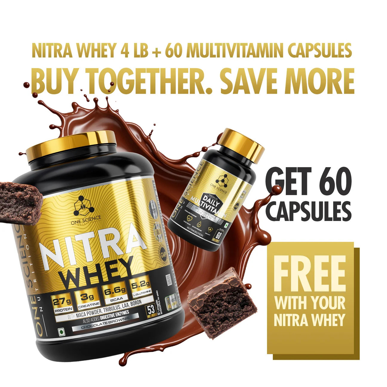 One Science Nitra Whey 4lbs + Free Multivitamin 60 Capsules Chocolate Brownie